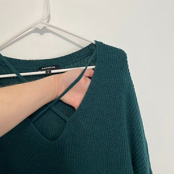 EXPRESS Strappy Circle Hem Tunic Sweater Solid Teal Green Blue 3/4 Sleeve Winter - Picture 7 of 15